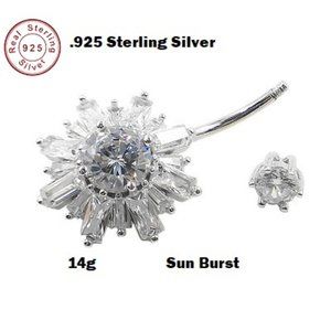 Navel ~ .925 Sterling Silver CZ 5mm Solitaire SUN BURST Belly Ring